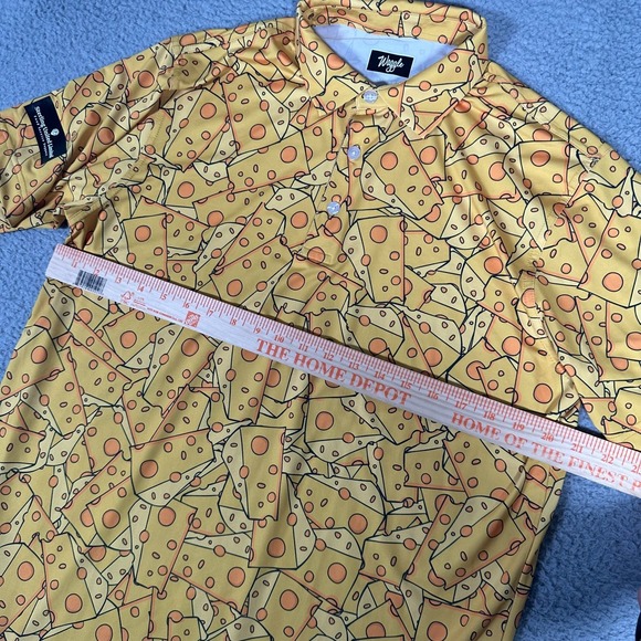 Waggle Polo Shirt Mens Large Yellow Orange Cheese Block AOP Golf Performance - Picture 4 of 7
